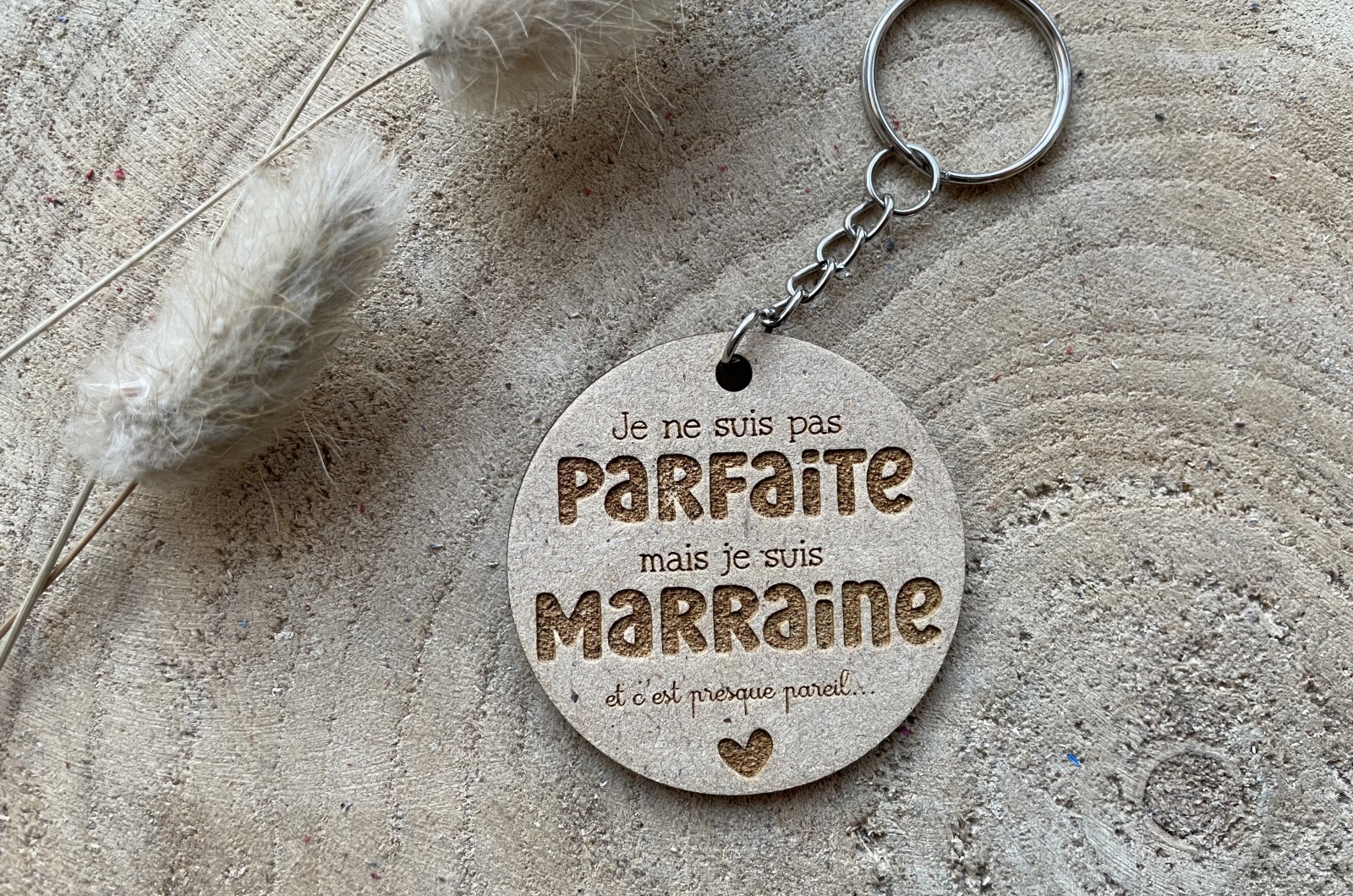 Porte-clés Personnalisé 'Marraine' En Bois + Carte De Vœux - Idée Cadeau Grossesse, Baptême, Noël, Anniversaire